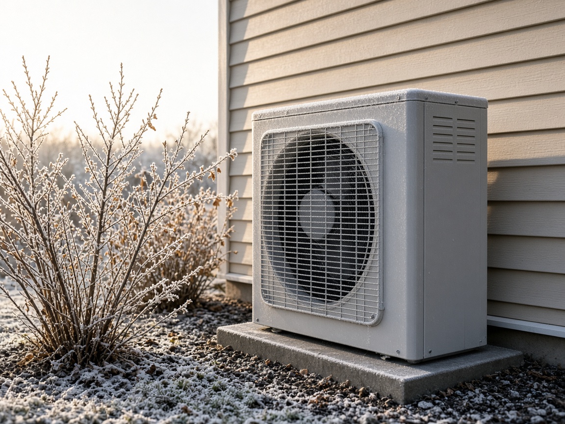 A gray outdoor heat pump and nearby shrubs are dusted with frost beside beige house siding.