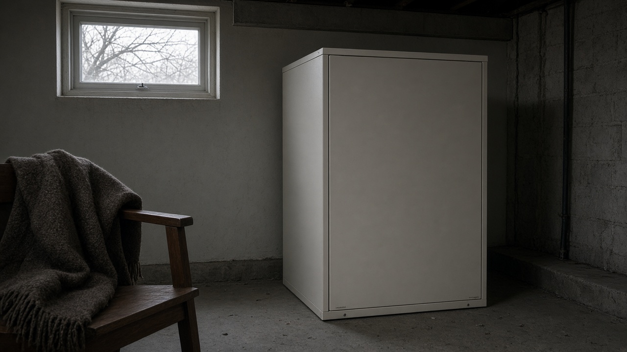 A plain furnace cabinet stands in a dim basement next to a wooden chair draped with a wool blanket.