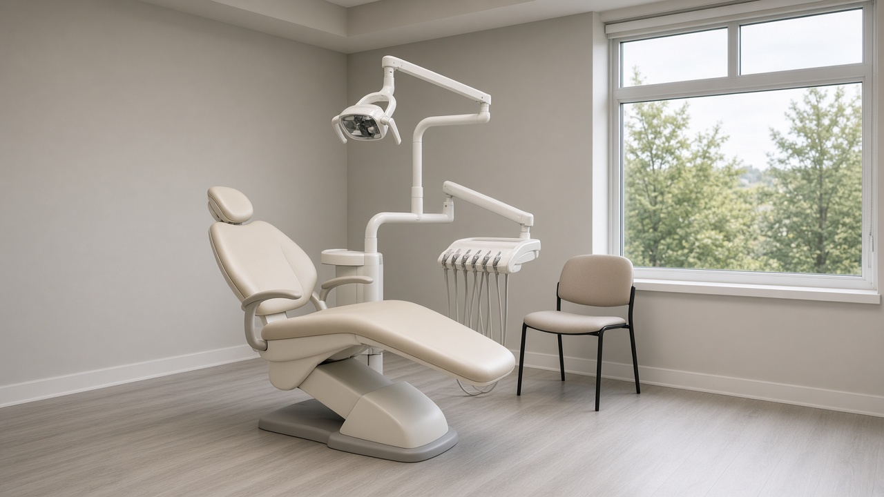 An empty implant consult room with a cream dental chair, an overhead light, and a single beige side chair by a window.