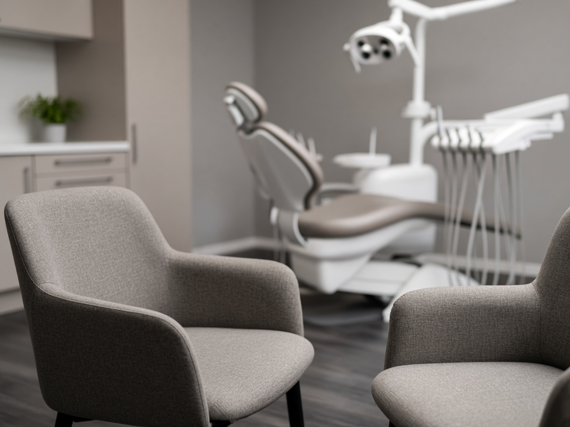 A close view of two empty gray upholstered chairs, with a dental chair and operating light blurred in the background.