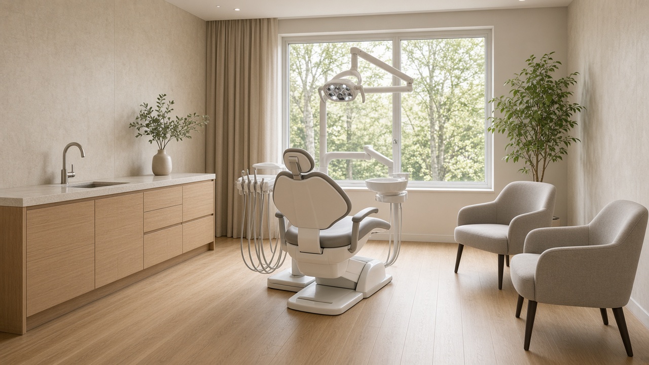 A wide empty consult room shows a dental chair and overhead light by a window, with two gray guest chairs and oak cabinets.