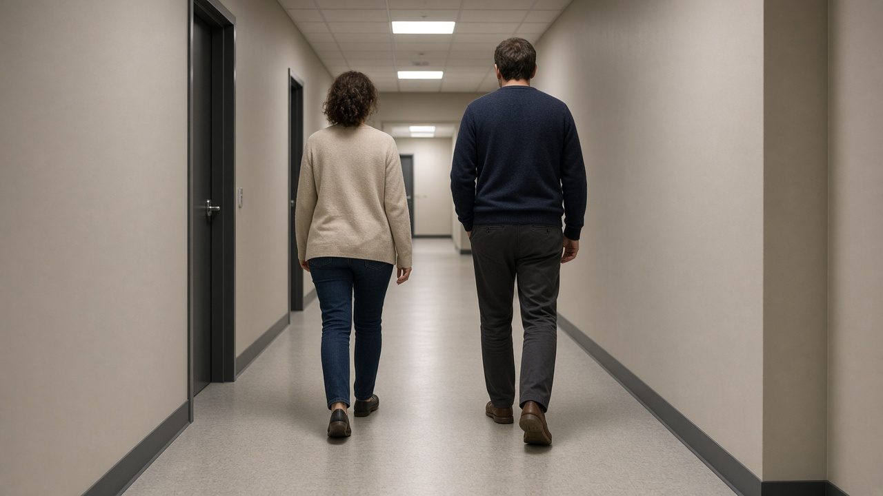 A clinician walking behind a client down a plain clinic corridor.