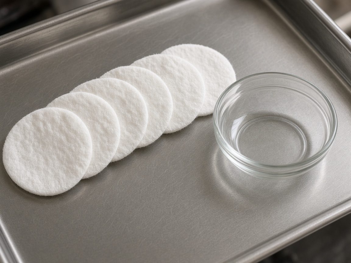 Cotton rounds and a small unmarked glass dish on a steel tray.