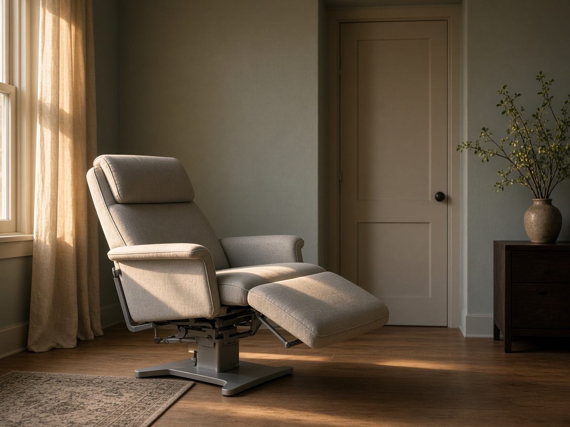 An empty treatment chair angled toward a door in late afternoon light.