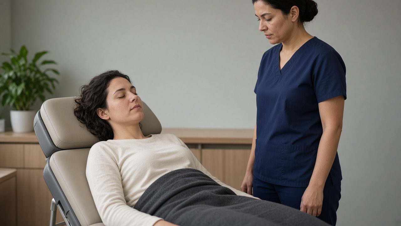 A person reclined with eyes closed while a clinician in plain scrubs stands beside the chair.