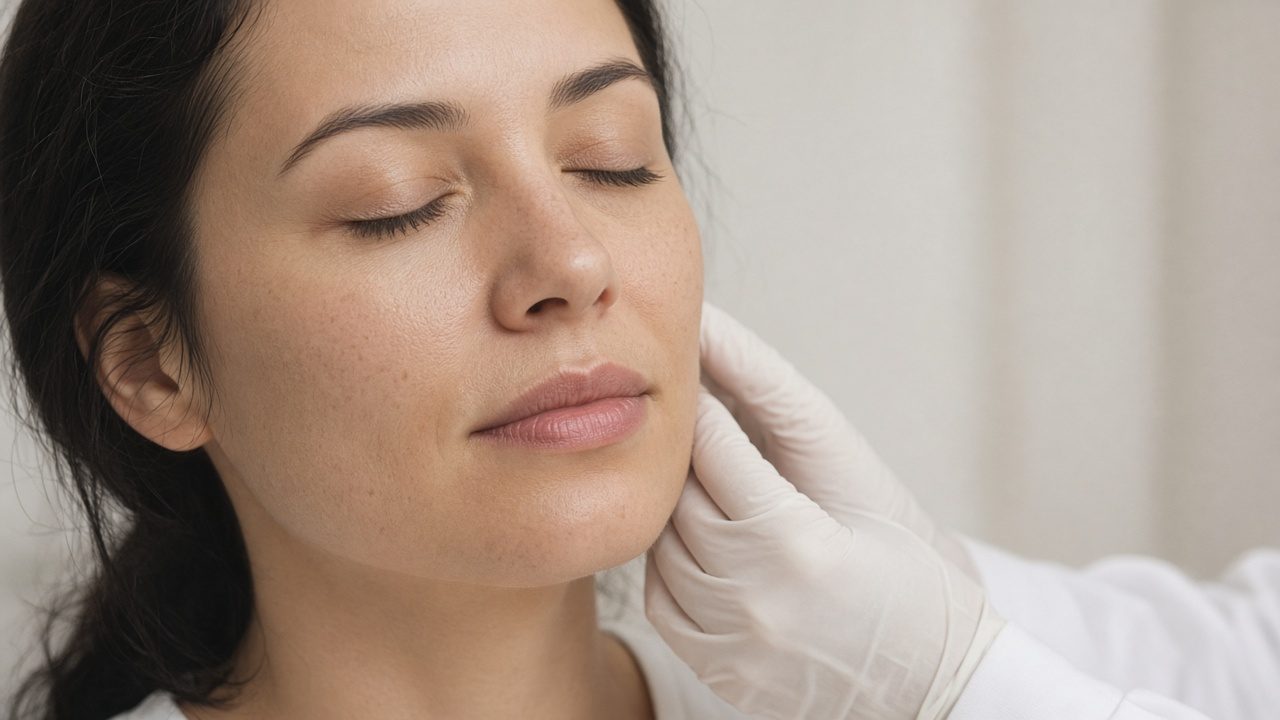 A relaxed adult with eyes closed in soft clinic light, a gloved hand near the jaw.