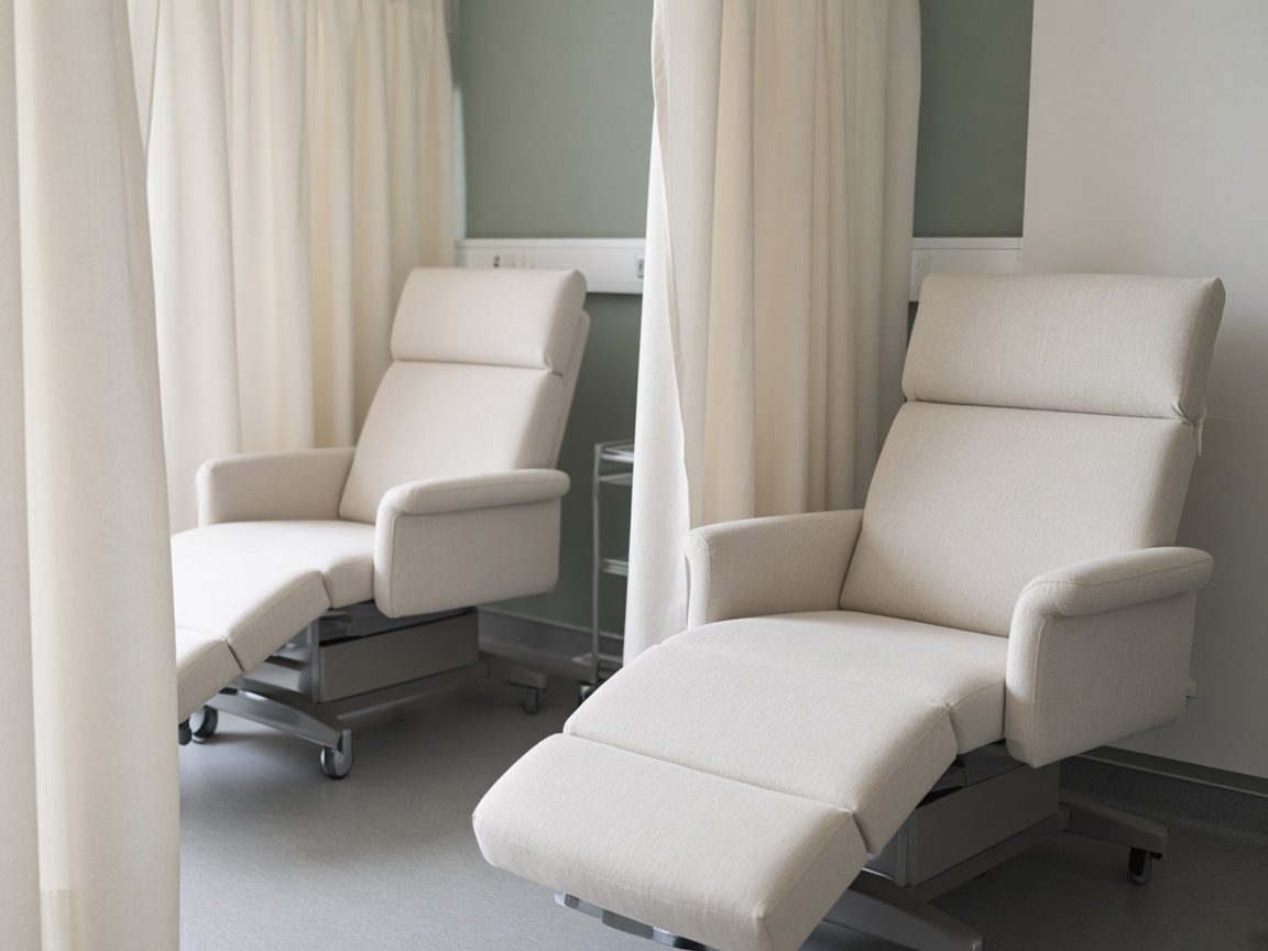 Two matching treatment chairs with plain linen in adjacent clinic bays.
