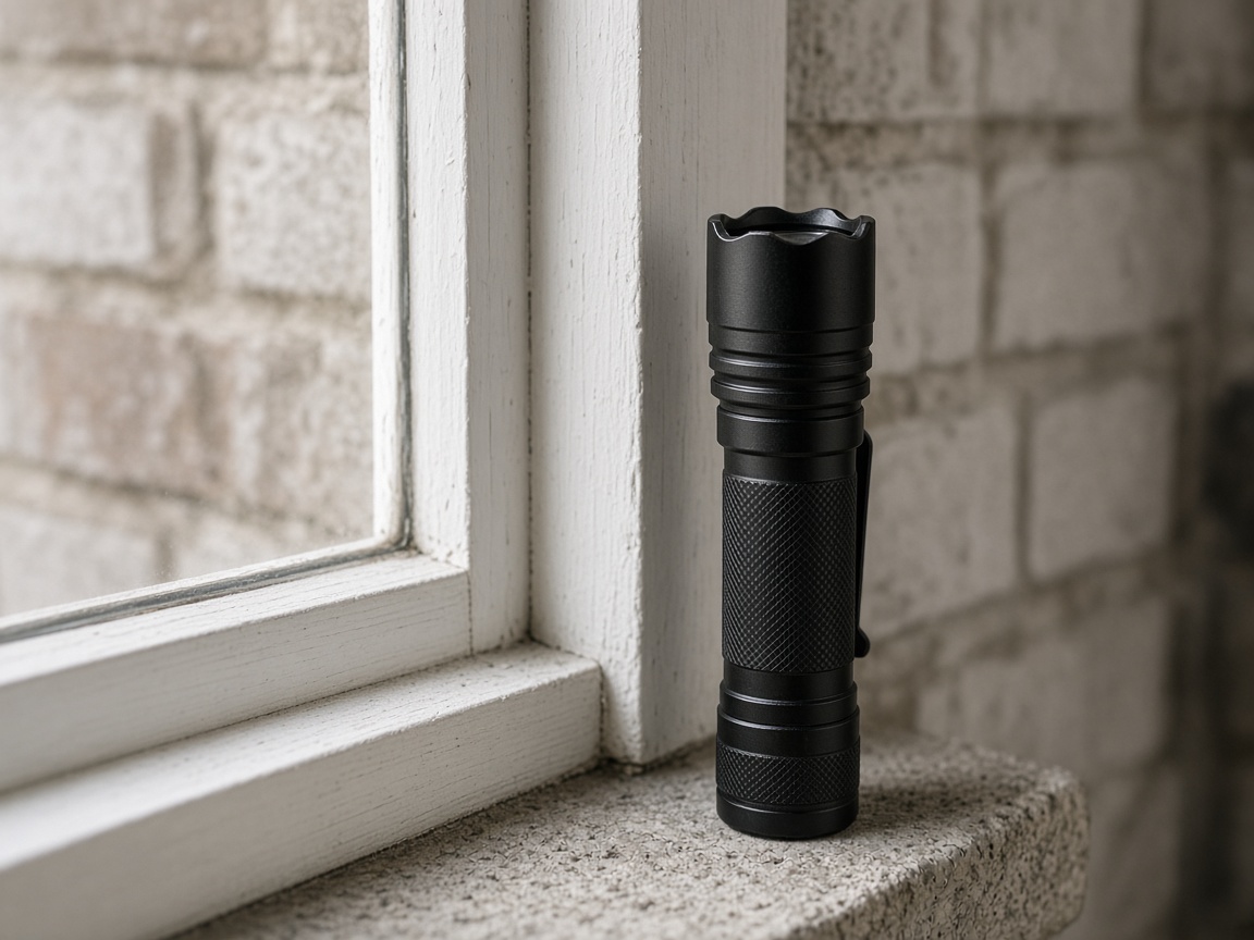 A black flashlight stands upright on a concrete windowsill against pale brick.