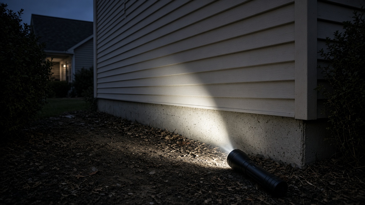 A black flashlight lights the concrete foundation and siding of a house after dark.