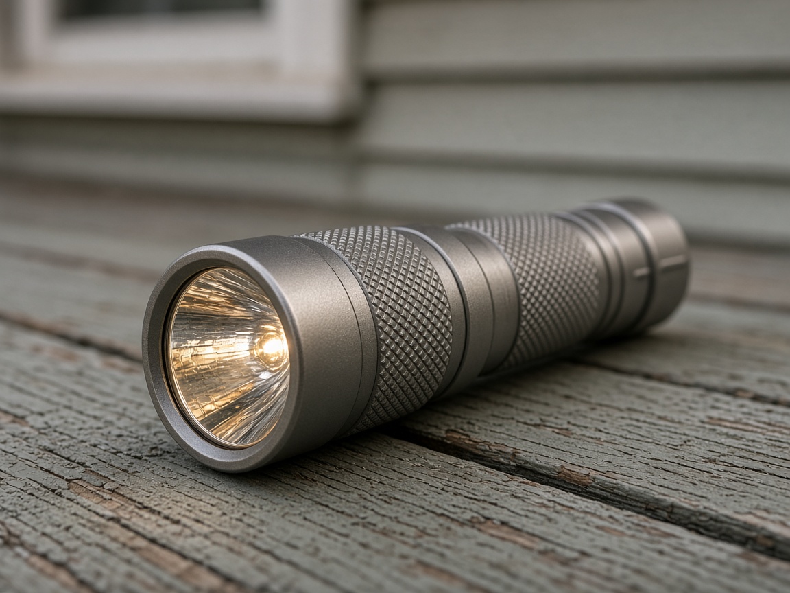 A silver flashlight with a glowing lens lies on weathered gray porch wood.