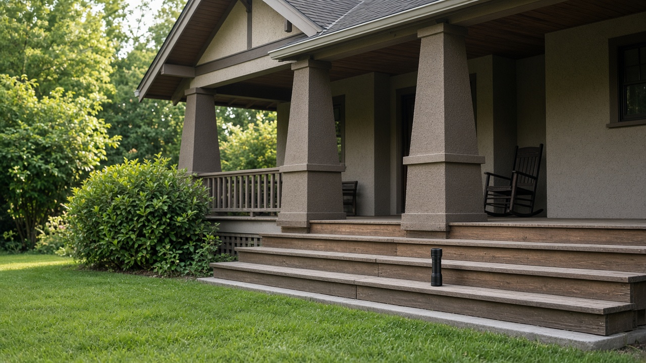 A small black flashlight sits on the steps of a craftsman bungalow surrounded by lawn and shrubs.