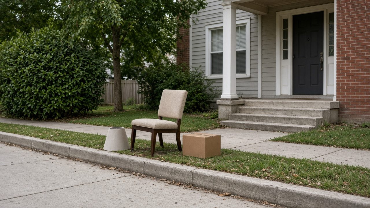 A chair, a lamp, and a plain box piled at a curb, house numbers out of frame.