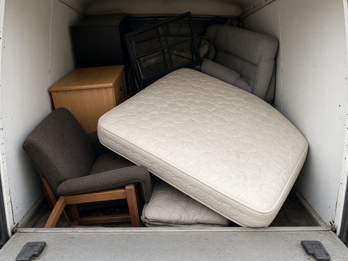 A truck filled with furniture and a mattress, seen from above the tailgate.