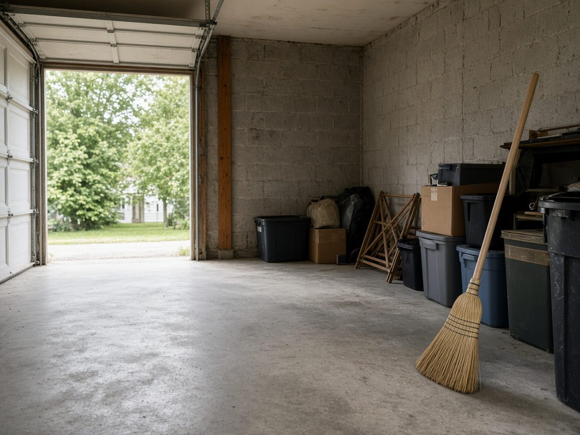A garage half cleared, a broom leaning, items left along one wall.