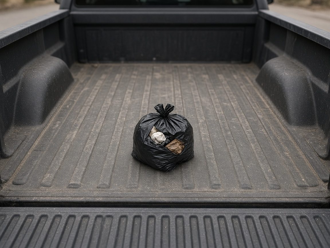 A single small bag sitting in an otherwise empty truck bed.