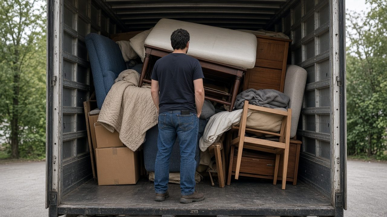 An owner at a tailgate looking at a load of furniture, phone put away.