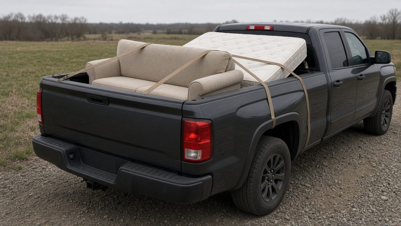 A sofa and a mattress tied with plain straps in an unmarked pickup bed.