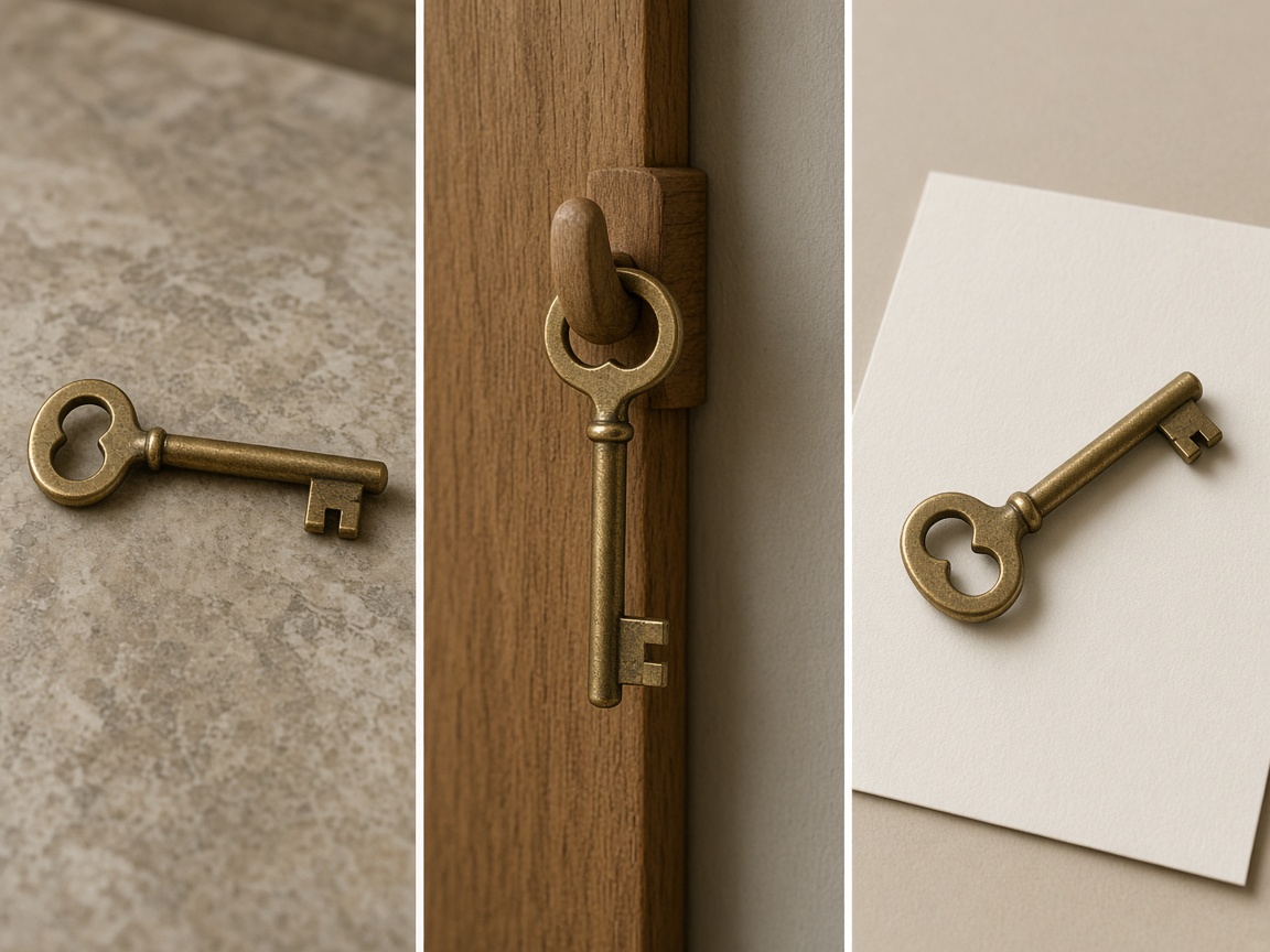 Matching brass keys on a counter, on a hook by a door, and on a blank card.