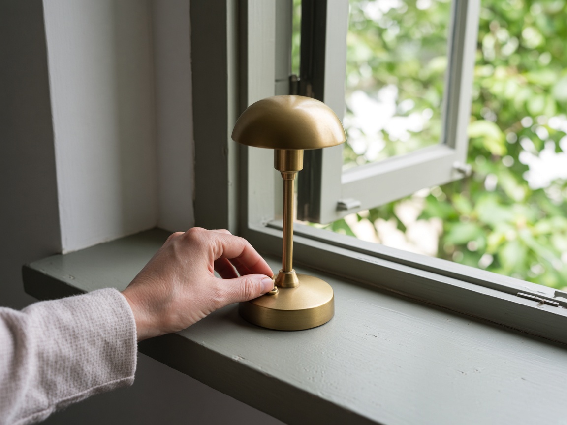 A hand switching off a small lamp while daylight fills the window.