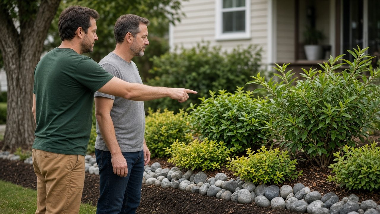 A landscaper and a homeowner standing beside a planting bed, pointing at shrubs, no papers in hand.