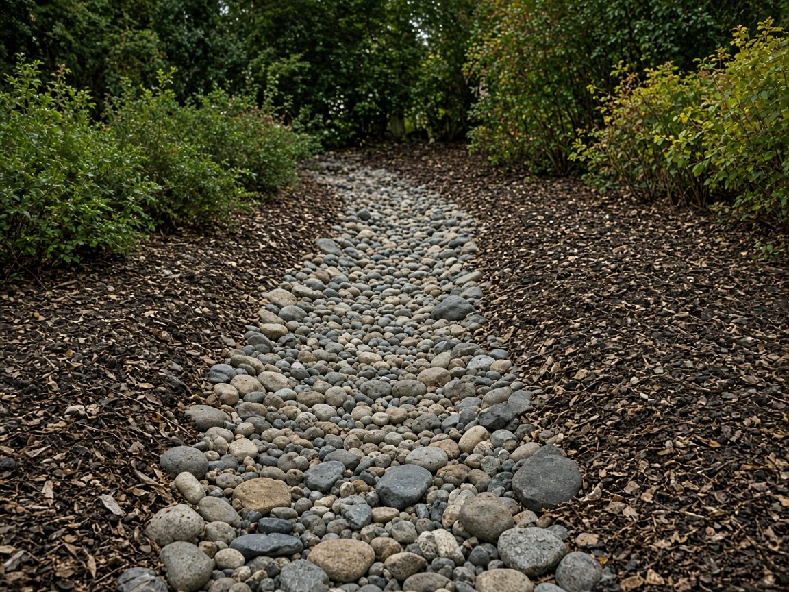 A dry creek of river rock running through a mulched planting bed.