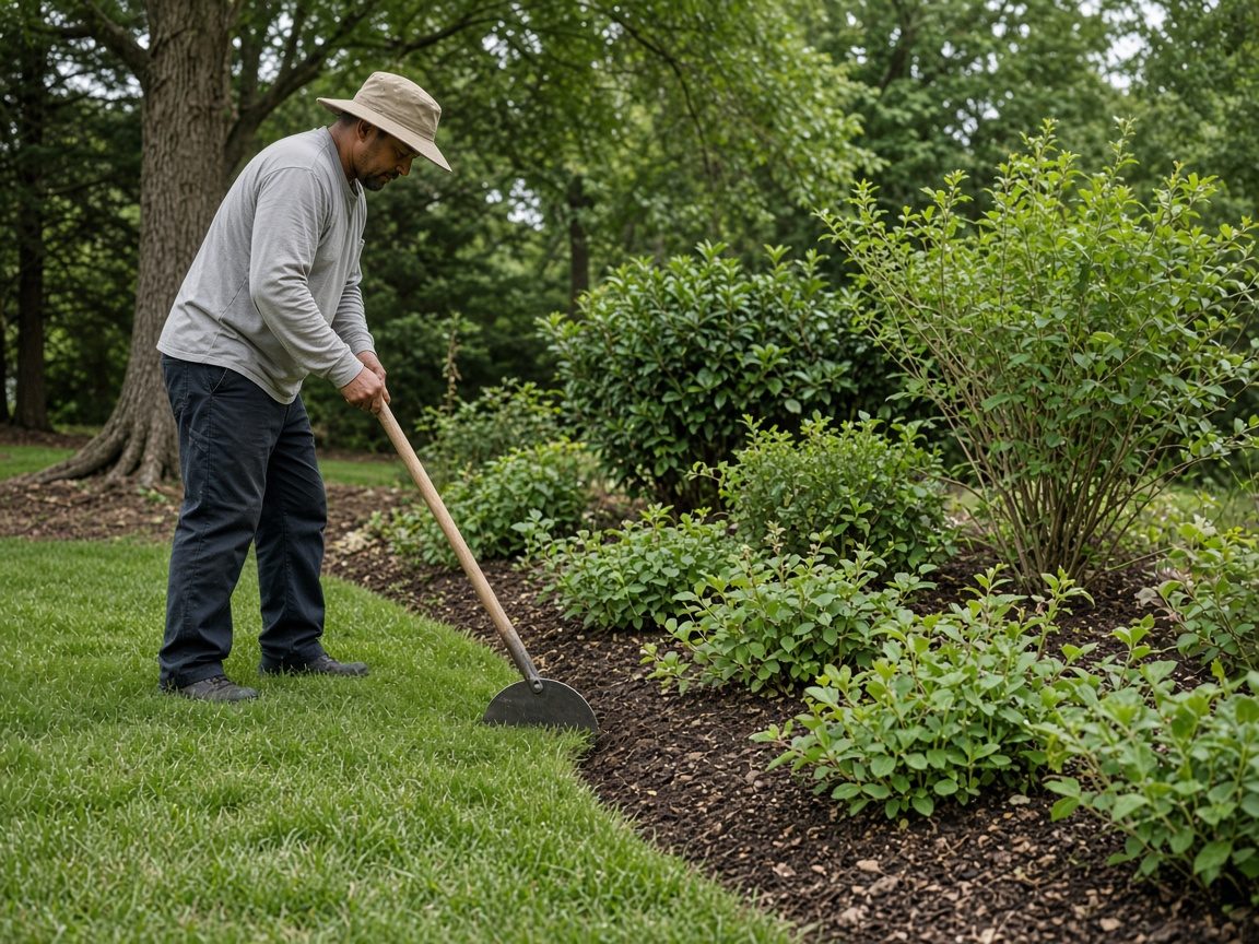 A worker in a plain hat edging a lawn along an established planting bed.