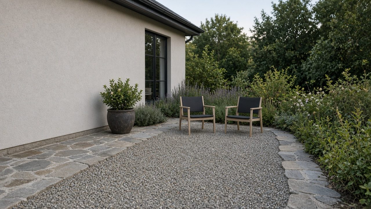 A finished stone patio with two plain chairs and a planted border in evening light.