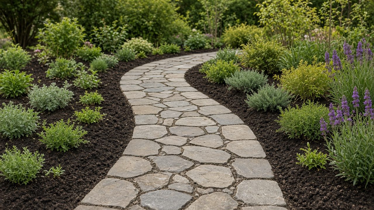 A new stone path curving through fresh plantings, house numbers cropped out.