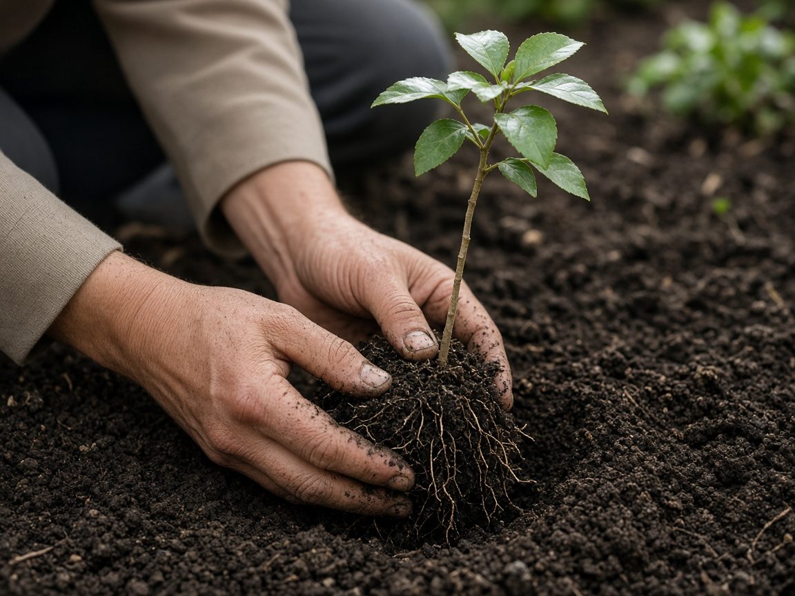 Hands setting a young shrub into dark soil.