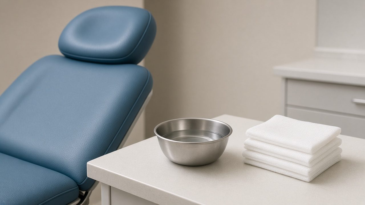 A treatment chair beside an unmarked bowl of clear gel and folded gauze.