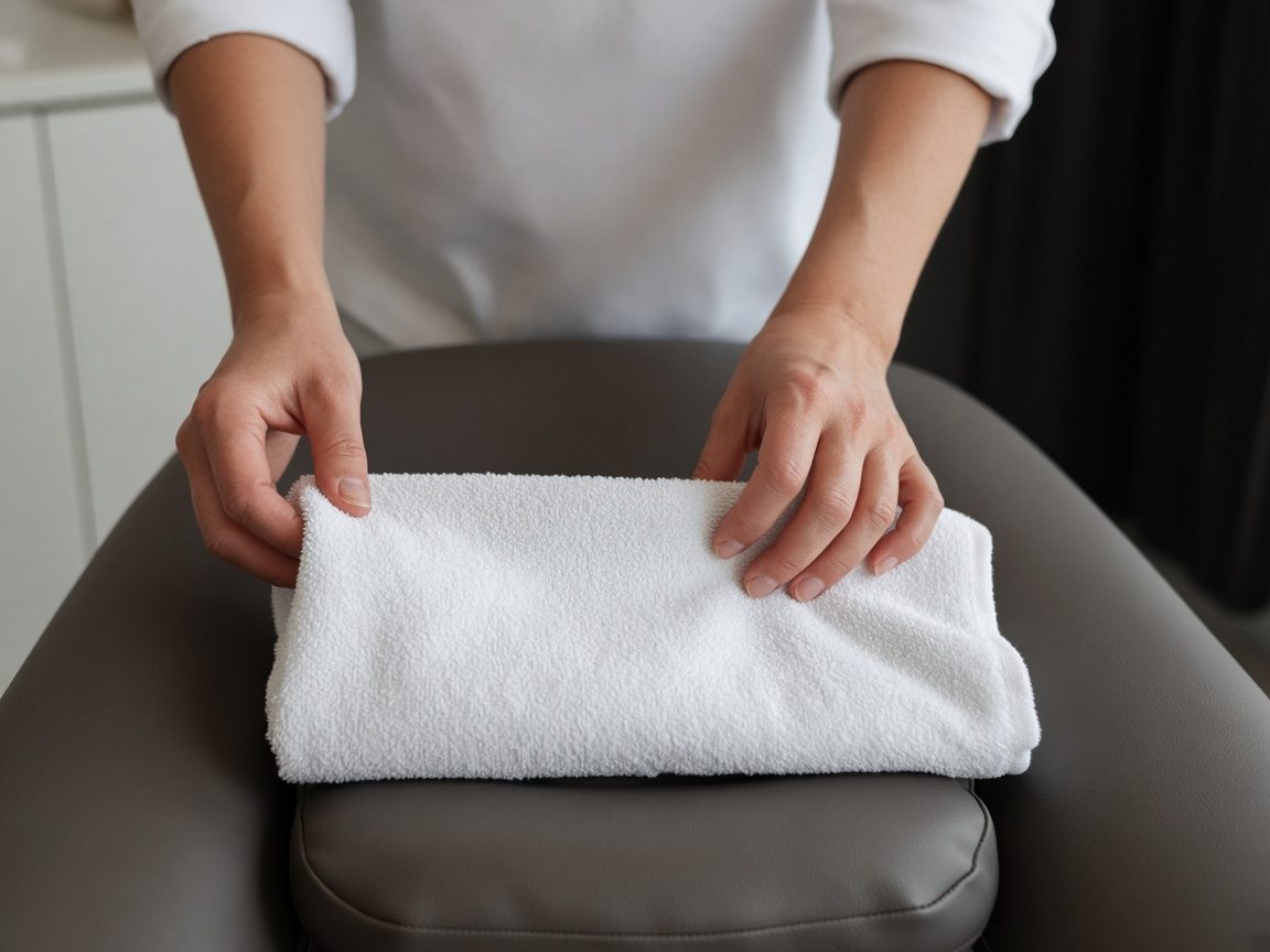 Hands folding a plain towel at the foot of a treatment chair.