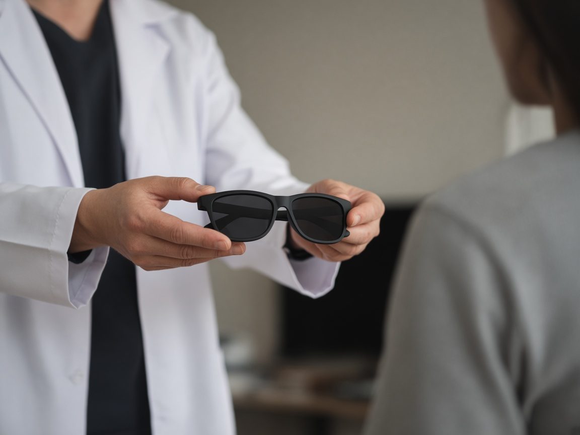 Hands offering plain dark eyewear to a seated person.
