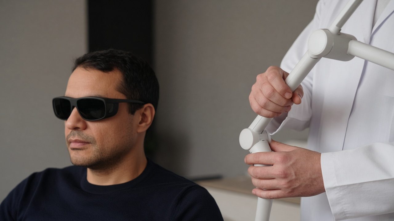 A seated person in plain dark protective eyewear while hands adjust a lamp arm cropped before the controls.