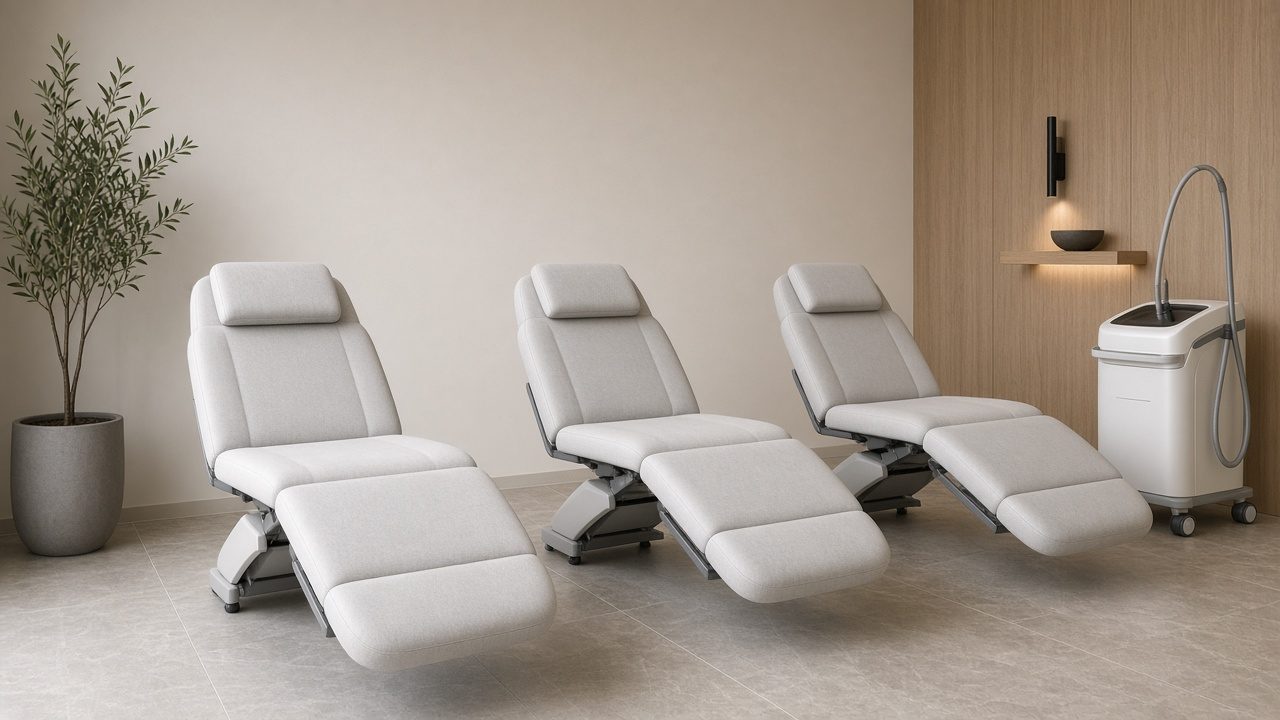 Three empty treatment chairs with smooth linen in a laser clinic.