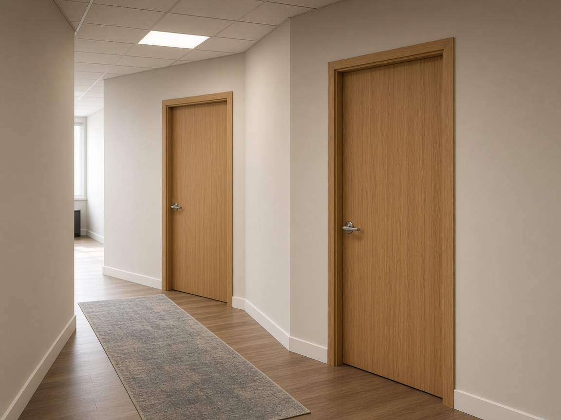 A quiet office hallway with two unmarked closed wood doors and a gray runner rug.