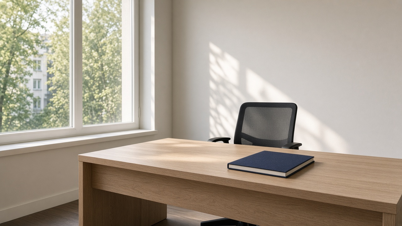 A closed plain navy notebook on a light wood desk, with an empty black mesh chair and a bright window.