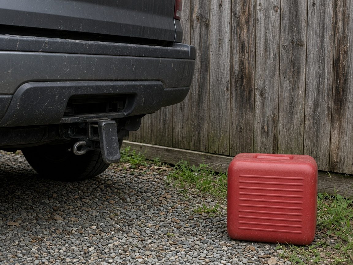 A fuel can with its label turned away, parked beside a shed.