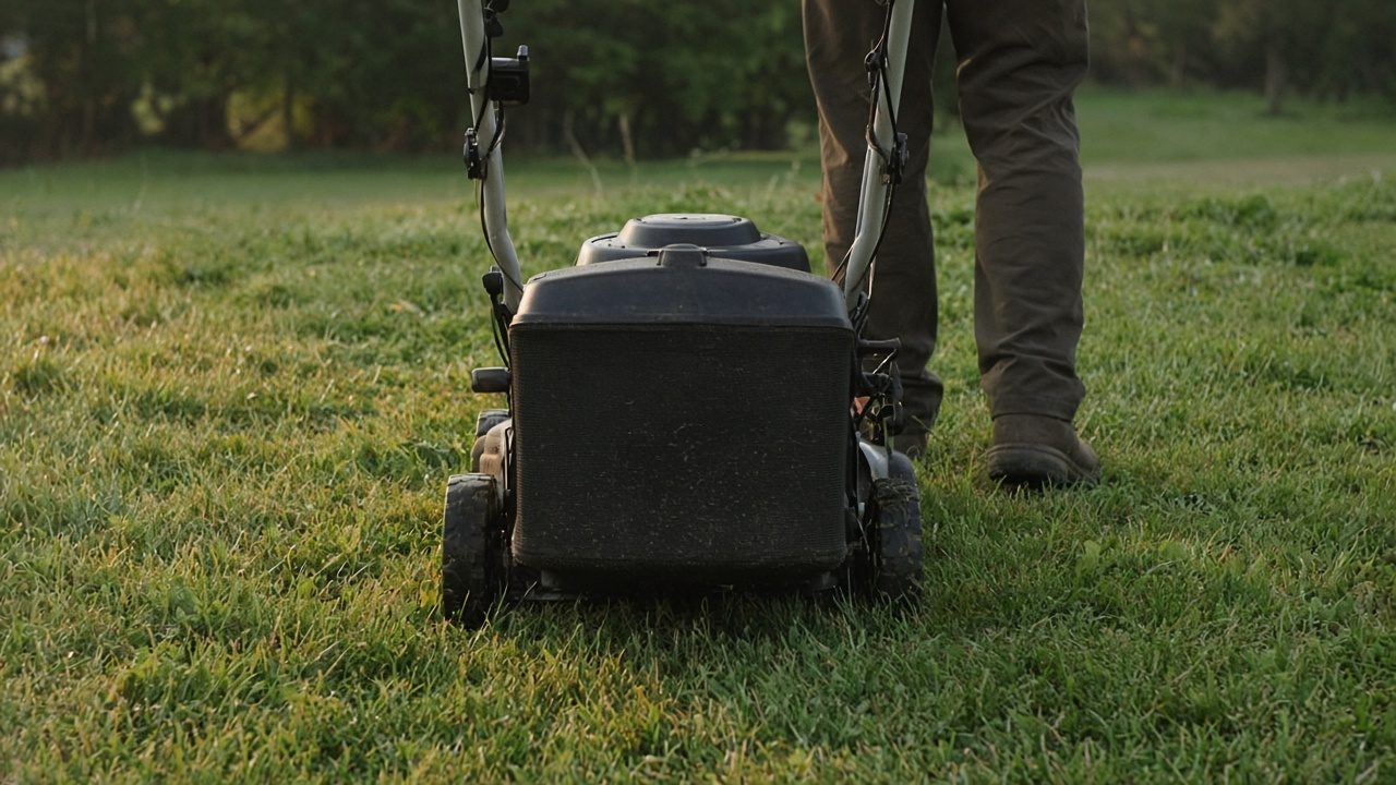 A push mower seen from behind on a lawn in early light, brand hidden.