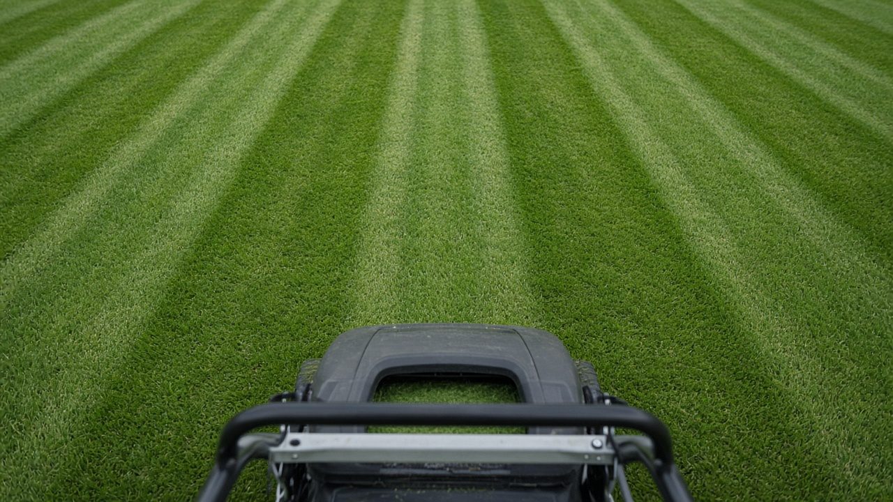Fresh mowing stripes filling the frame, with a plain mower seen from behind.