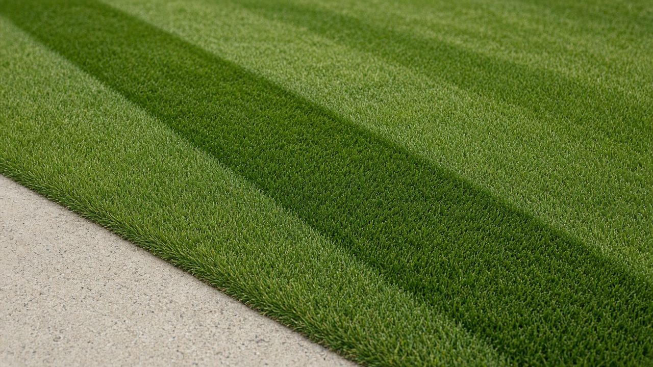 A mowing stripe ending at a sidewalk, with only lawn in the frame.