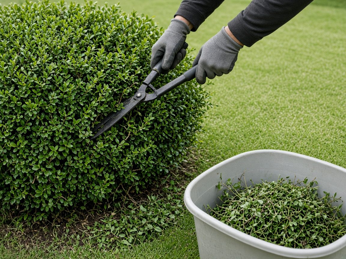 Hands trimming a shrub beside an already cut lawn, clippings in a plain tub.