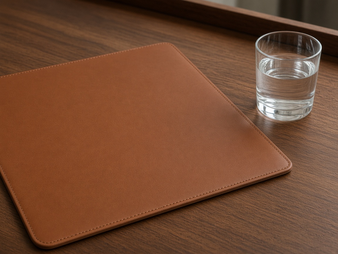 A cognac leather desk blotter and a clear glass of water on a walnut desktop.