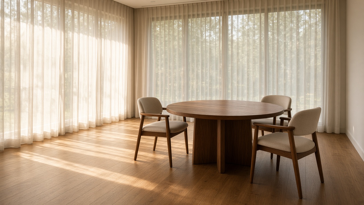A round walnut table and three empty upholstered chairs in a bright room with floor-to-ceiling sheer curtains.