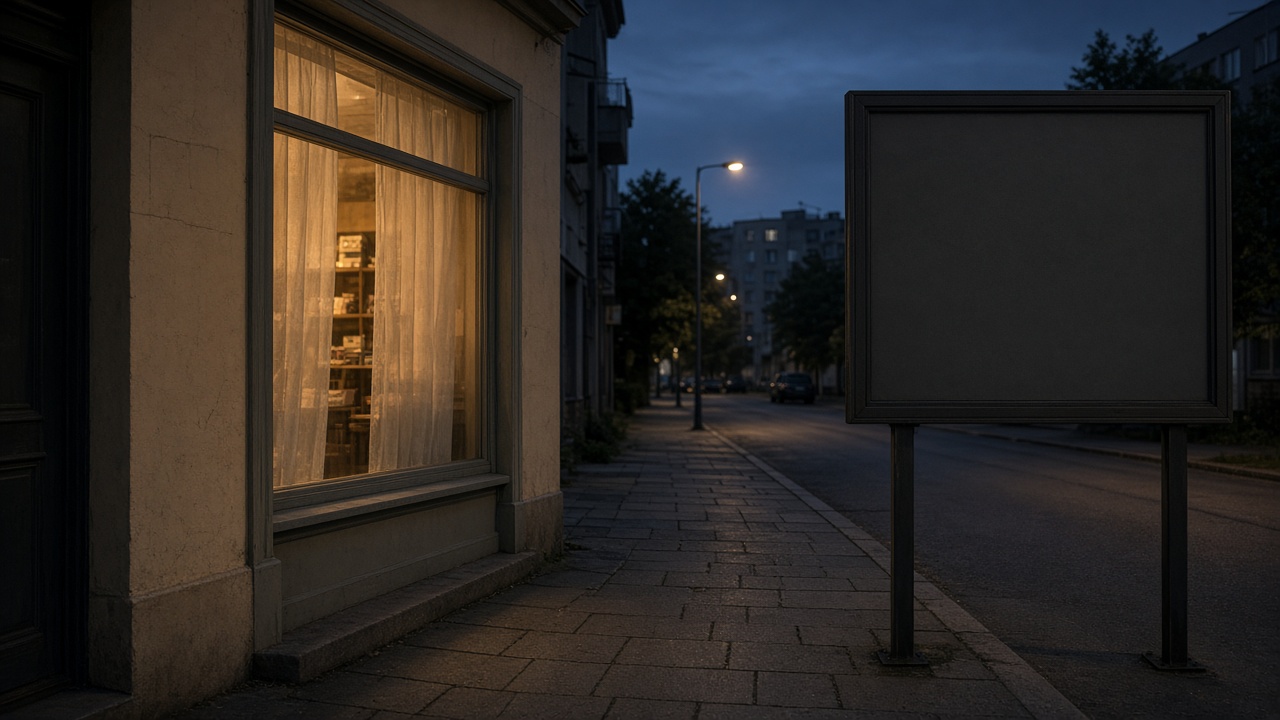 A glowing shop window beside an empty billboard frame at dusk.