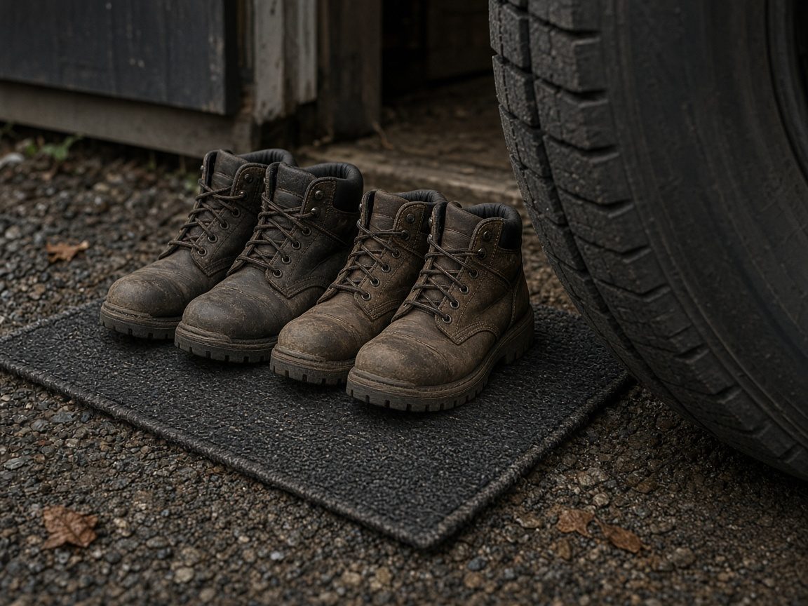 Two pairs of work boots on a doormat, a tire edge with no readable sidewall.