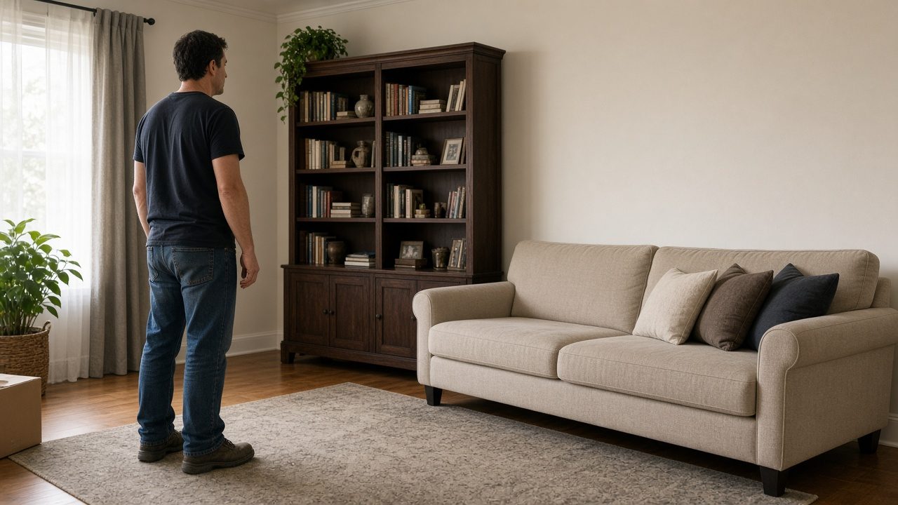 A mover standing in a living room looking at a sofa and a bookshelf, hands empty.