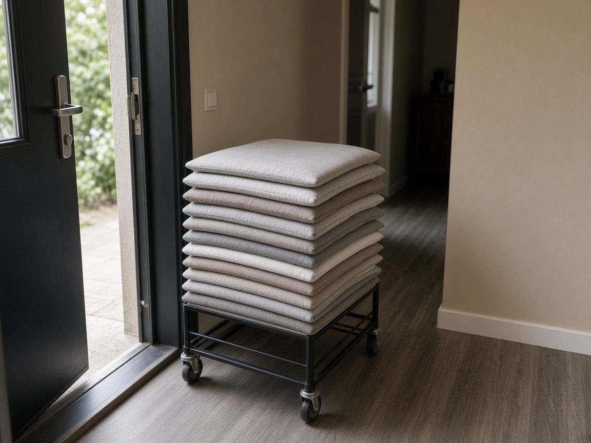Quilted pads stacked on a dolly just inside a front door.