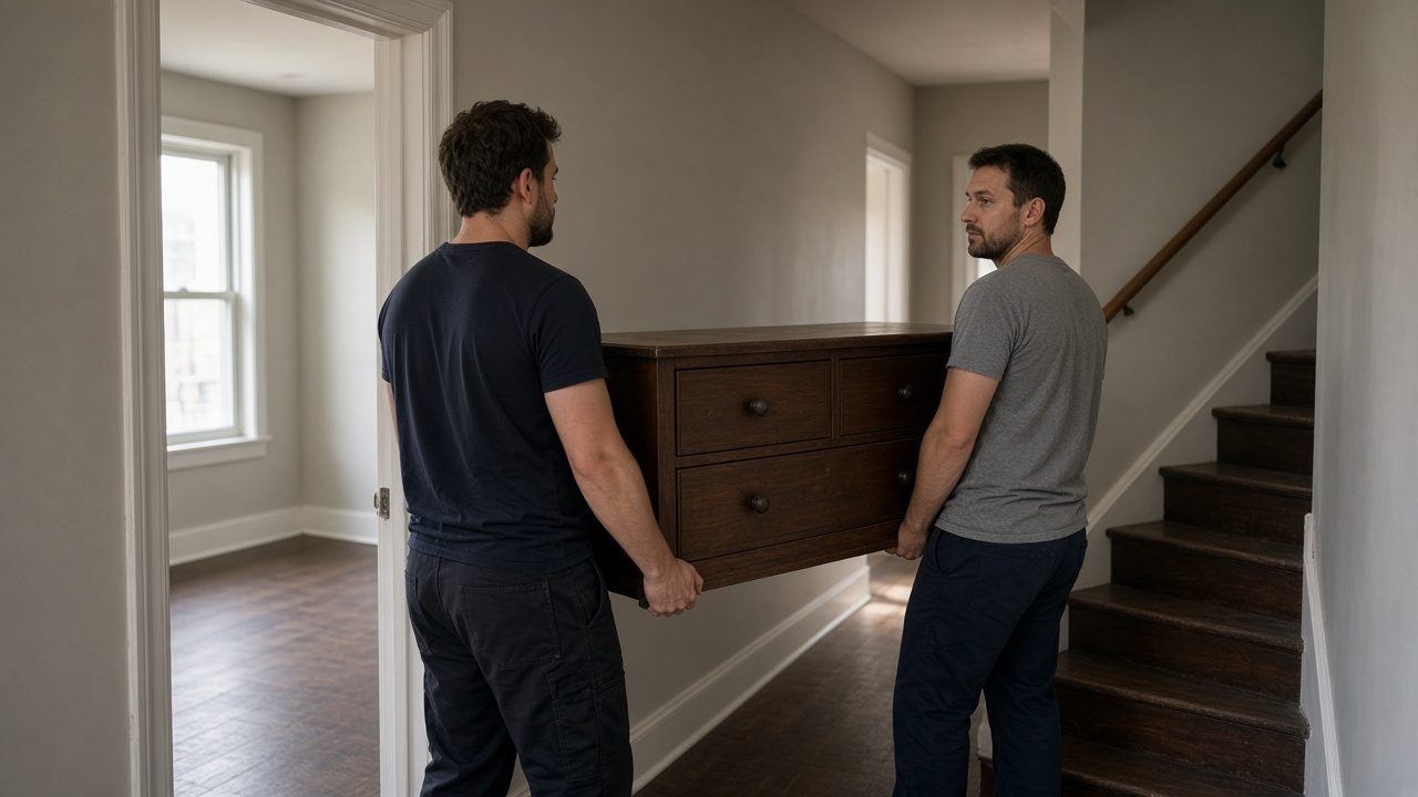 Two movers paused with a dresser in a hallway, no clock in the scene.
