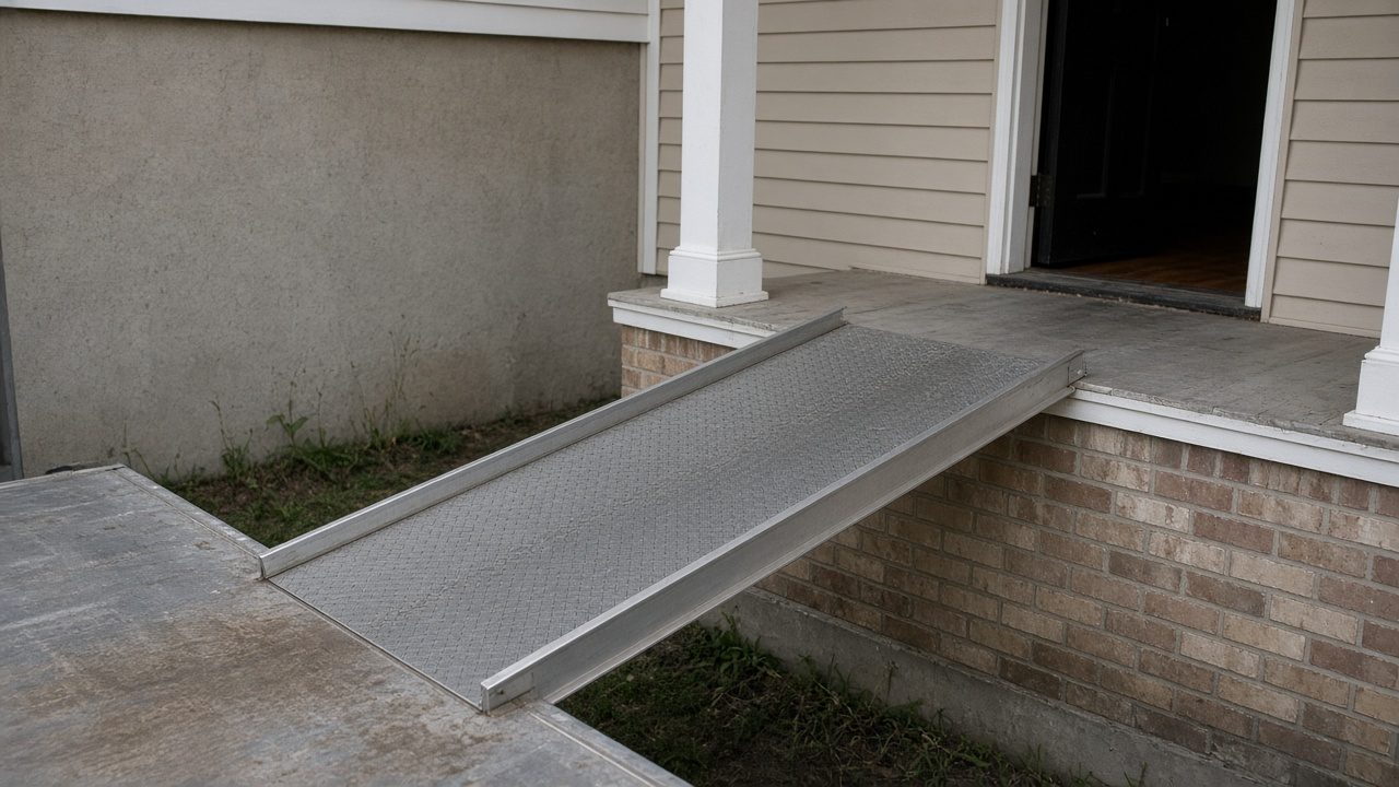 A moving ramp running from a plain truck opening to a porch, with no lettering.