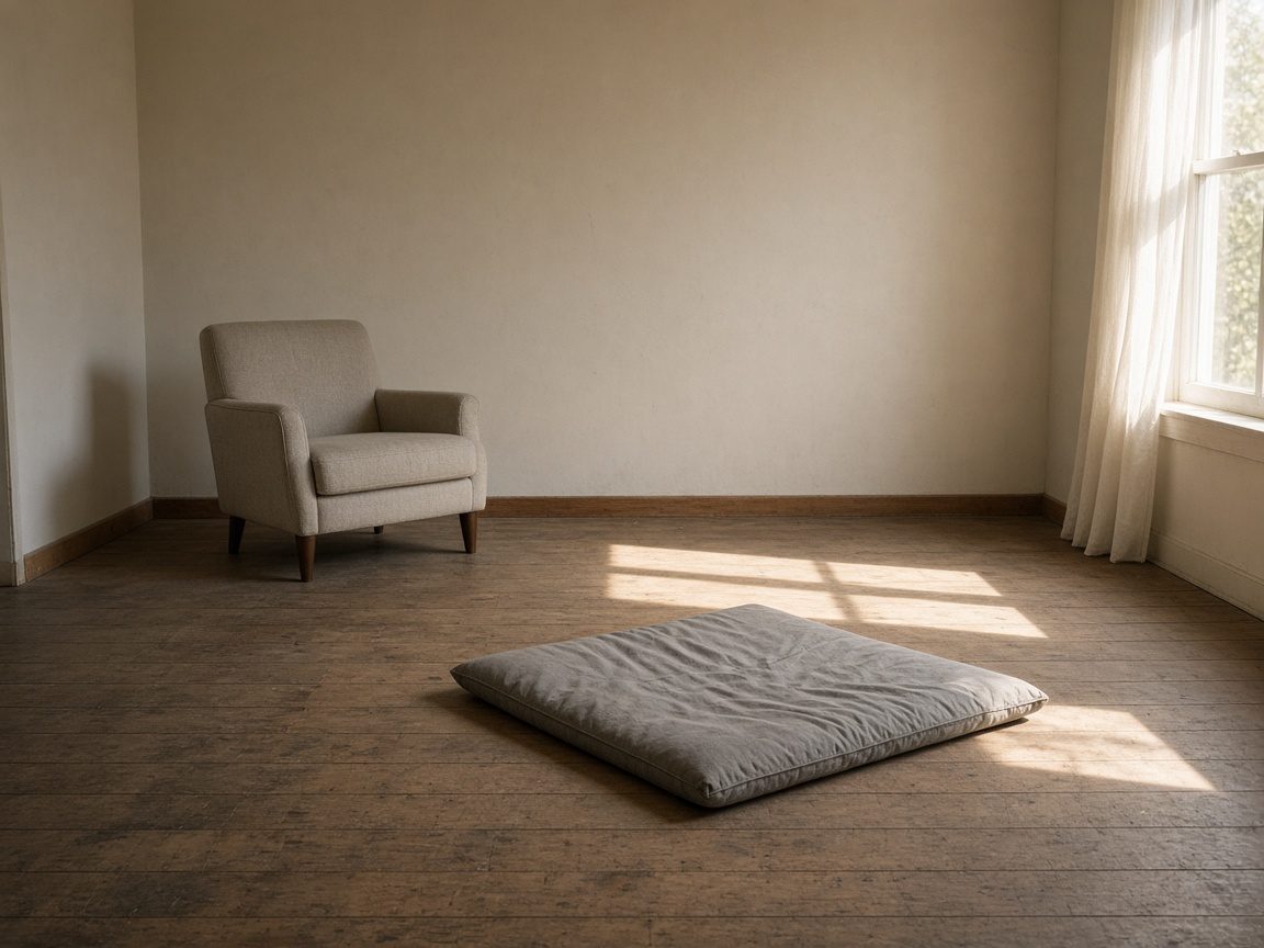 A living room half emptied, a pad on the floor and one chair left.